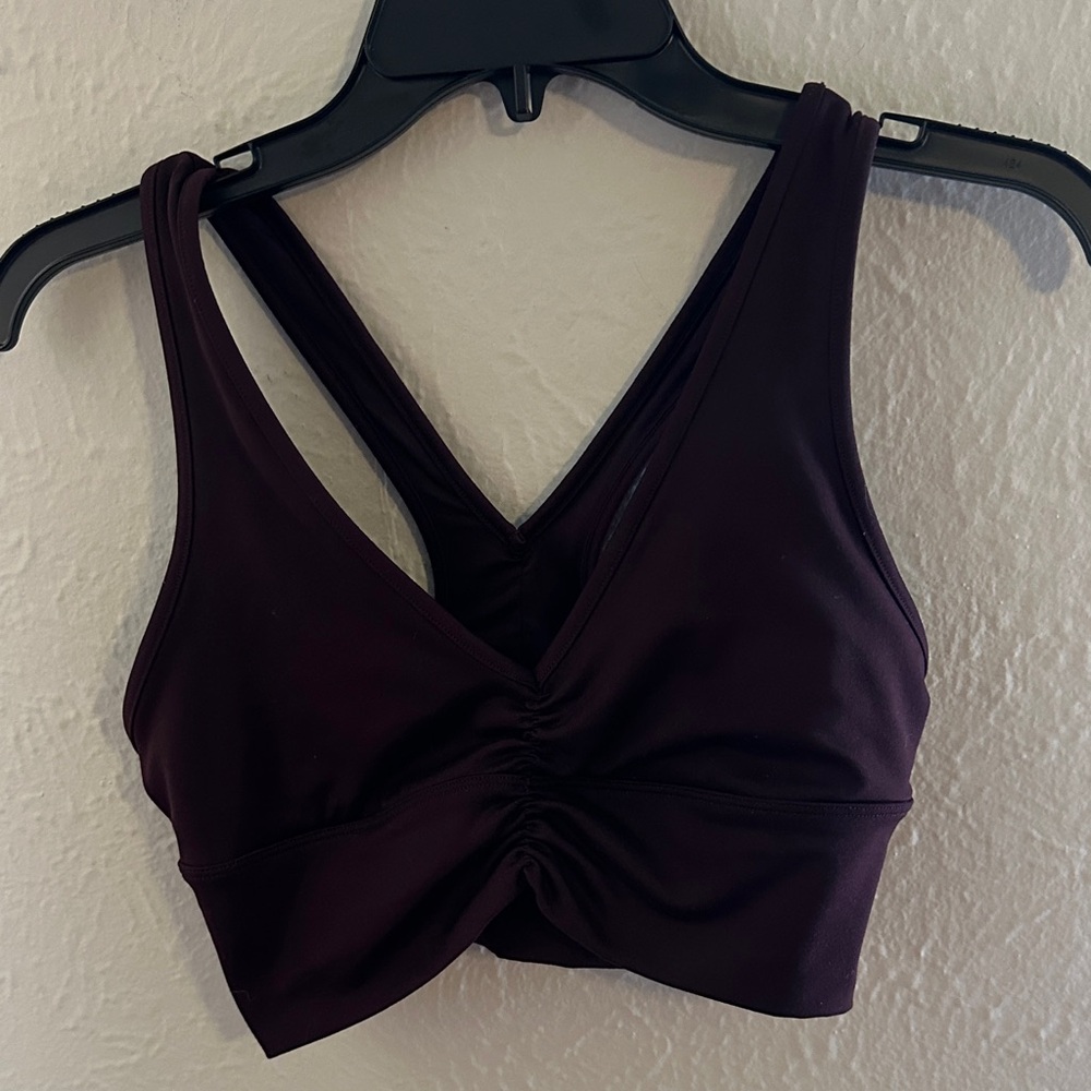 ALO Yoga Deep Plum V-Neck Ruched Sports Bra